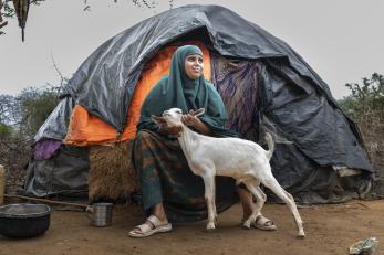Nomadic pastoralist woman poses with her goat outside of a temporary shelter in Wajir, Kenya.