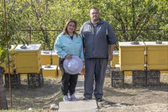 Ukrainian woman and man stand among bee hives.