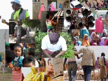 Collage of smaller images of mercy corps' work in countries where its active.